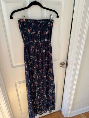 Hollister Navy Floral maxi strapless dress